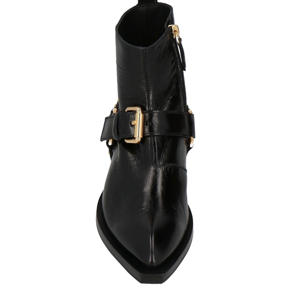 Moschino Black Leather Ankle Booties with Gold Buckle